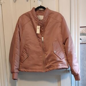 Anthropologie Pink Satin Bomber Jacket with Ribbed Waistband